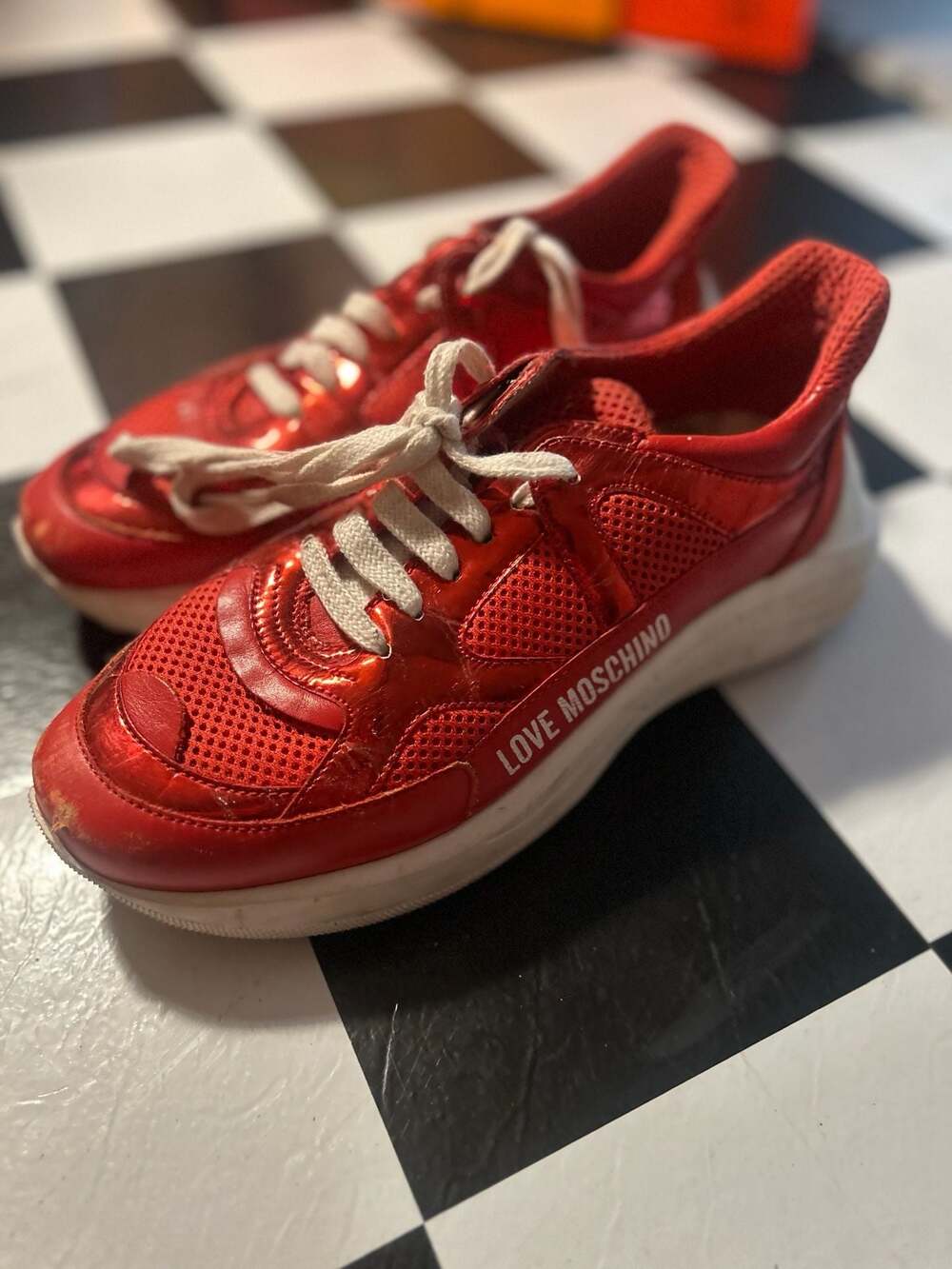 Love Moschino Red Metallic Mesh Heart Sole Chunky Platform Sneakers Size 38